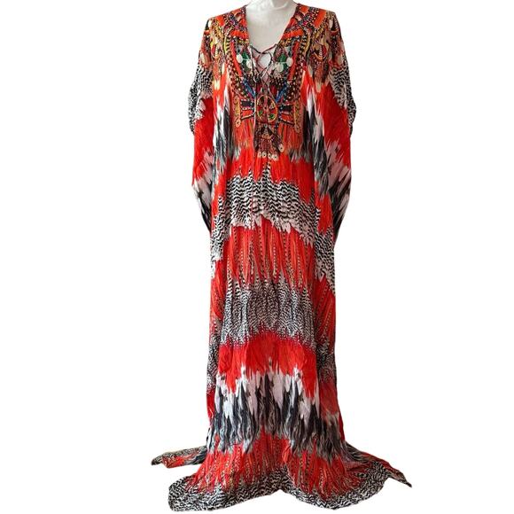 Shahida Parides Nomad Kaftan feather print Lisa Rinna Real Housewives OS One Sz - Picture 6 of 16